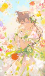 Rule 34 | 1girl, ahoge, blue eyes, blue flower, blue sky, blush, breasts, chromatic aberration, colorful, cowboy shot, dress, falling petals, flower, flower necklace, green flower, green ribbon, hair flower, hair ornament, highres, holding, holding flower, jewelry, light brown hair, long hair, looking at viewer, medium breasts, meitantei conan, mian lang, mouri ran, necklace, open mouth, parted bangs, pearl necklace, petals, puffy sleeves, red flower, ribbon, short sleeves, sidelocks, sky, smile, solo, standing, white dress, white flower, yellow flower