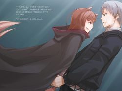 Rule 34 | 1boy, 1girl, animal ears, ayakura juu, brown hair, cape, couple, craft lawrence, dutch angle, eye contact, fang, from side, grin, highres, holo, looking at another, novel illustration, official art, parted lips, silver hair, smile, spice and wolf, tail, wolf ears, wolf tail