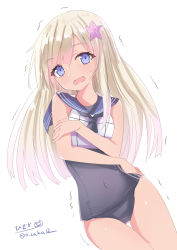 Rule 34 | 1girl, blonde hair, blue eyes, cold, covered navel, crop top, flower, hair flower, hair ornament, highres, hizaka, kantai collection, long hair, one-hour drawing challenge, one-piece swimsuit, one-piece tan, open mouth, ro-500 (kancolle), sailor collar, school swimsuit, school uniform, solo, swimsuit, swimsuit under clothes, tan, tanline, trembling, twitter username, wavy mouth