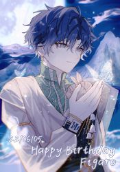 Rule 34 | 1boy, bishounen, blue hair, bug, butterfly, earrings, figaro garcia, grey eyes, high collar, highres, insect, jewelry, lens flare, light smile, mahoutsukai no yakusoku, male focus, semi-transparent, short hair, solo, transparent butterfly, yamainonuma