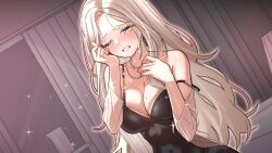 Rule 34 | 1girl, black dress, blue eyes, blush, breasts, crying, dress, earrings, eyelashes, gotica, grey hair, highres, jewelry, large breasts, lee rein, long hair, mole, mole on breast, mole under eye, necklace, one eye closed, second-party source, see-through, solo, sparkle, strap slip, tears, virtual youtuber, vlyz