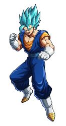 Rule 34 | 1boy, absurdres, blue eyes, blue hair, boots, clenched hands, dougi, dragon ball, dragon ball fighterz, dragonball z, earrings, fighting stance, fusion, gloves, highres, jewelry, looking at viewer, male focus, muscular, official art, open mouth, potara earrings, solo, spiked hair, standing, super saiyan, super saiyan blue, vegetto, white footwear