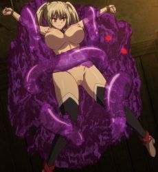 Rule 34 | 1girl, black legwear, blonde hair, breasts, censored, hetero, huge breasts, interspecies, iris (ochi mono rpg seikishi luvilias), large breasts, majin label, monster, navel, nipples, nude, ochi mono rpg seikishi luvilias, pussy, restrained, rope, screencap, slime, tentacles, twintails, wrapped up