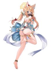 Rule 34 | 1girl, absurdres, alternate costume, alternate hairstyle, animal ears, anklet, arched back, armlet, ass, bare shoulders, barefoot, blonde hair, blue archive, blue eyes, blue panties, blue skirt, breast curtains, breasts, cat ears, circlet, collar, commentary, dancer, detached collar, detached sleeves, feet, flower, from behind, full body, gold trim, hair flower, hair ornament, halo, highres, jewelry, leg up, legs, long hair, long sleeves, looking at viewer, looking back, mari (blue archive), medium breasts, mouth veil, panties, panty pull, revision, rinringyo, sash, see-through, see-through sleeves, showgirl skirt, skirt, soles, solo, thighlet, thighs, toenails, toes, transparent background, twintails, underwear, veil