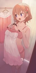 Rule 34 | 1girl, :d, barefoot, bra, breasts, commentary, dress, fitting room, gochuumon wa usagi desu ka?, hair between eyes, hair ornament, hairclip, highres, hiroki (yyqw7151), holding, holding clothes, holding dress, hoto cocoa, looking to the side, open mouth, orange hair, panties, pink bra, pink panties, purple eyes, short hair, small breasts, smile, solo, standing, tareme, toes, trying on clothes, underwear, underwear only, white dress