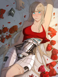 Rule 34 | 1girl, absurdres, android, arm above head, armpits, blonde hair, blue eyes, blunt bangs, blush, breasts, cleavage, collarbone, commentary request, crime scene, damaged, ecomoesty, flower, gluteal fold, highres, large breasts, long hair, looking at viewer, lying, mecha musume, mechanical parts, mixed-language commentary, nail polish, on back, original, petals, red flower, red nails, red rose, red tank top, robot girl, rose, rose petals, solo, tank top, very long hair