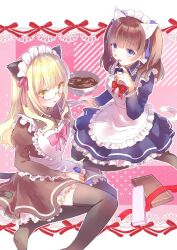 2girls absurdres alternate_costume animal_ears apron black_thighhighs blonde_hair blue_eyes brave_witches brown_hair cat_ears cat_girl cat_tail chocolate chocolate_making georgette_lemare glasses highres holding holding_spatula long_hair looking_at_viewer maid maid_apron maid_headdress mixing_bowl multiple_girls perrine_h._clostermann shima7_c sitting spatula strike_witches tail thighhighs tongue tongue_out twintails world_witches_series yellow_eyes