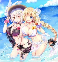 Rule 34 | 2girls, :o, ;d, beach, bikini, black bow, blonde hair, blush, bow, breasts, cleavage, cup, day, drinking straw, fate/apocrypha, fate/grand order, fate (series), front-tie bikini top, front-tie top, geko, hair bow, hair ornament, halterneck, hat, holding, holding cup, jeanne d&#039;arc (fate), jeanne d&#039;arc (ruler) (fate), jeanne d&#039;arc alter (avenger) (fate), jeanne d&#039;arc alter (fate), large breasts, long hair, multiple girls, navel, ocean, one eye closed, open mouth, outdoors, sarong, scrunchie, side-tie bikini bottom, smile, sparkle, starfish hair ornament, straw hat, sun hat, swimsuit, thighs, very long hair, wading, water drop, white bikini, wrist scrunchie