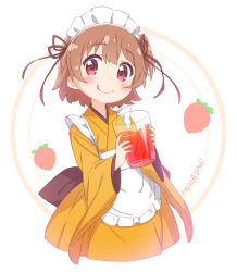Rule 34 | 1girl, :q, apron, blush, brown hair, character name, closed mouth, commentary, cup, drinking glass, food, frilled apron, frills, fruit, hair between eyes, holding, holding cup, hoshino hinata, japanese clothes, jigatei (omijin), kimono, long sleeves, maid, maid headdress, orange kimono, red eyes, smile, solo, strawberry, symbol-only commentary, tongue, tongue out, wa maid, watashi ni tenshi ga maiorita!, white apron, white background, wide sleeves