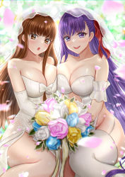 Rule 34 | 2girls, :d, :o, absurdres, arm strap, bare legs, bare shoulders, bb (fate), bb (fate/extra), blush, bouquet, bow, breast press, breasts, bride, brown eyes, brown hair, cleavage, collarbone, dress, elbow gloves, falling petals, fate/extra, fate/extra ccc, fate (series), flower, garter straps, gloves, groin, hair between breasts, highres, holding, holding bouquet, holding flower, kishinami hakuno (female), large breasts, long hair, looking at viewer, multiple girls, nori chazuke, open mouth, petals, purple eyes, purple hair, smile, symmetrical docking, thighhighs, veil, wedding dress, white bow, white dress, white gloves, white legwear