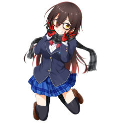 Rule 34 | 1girl, absurdres, black thighhighs, blazer, blouse, blue skirt, blush, brown hair, commentary request, double v, felutiahime, glasses, gloves, gradient hair, grin, hair between eyes, highres, hololive, jacket, kneeling, loafers, long hair, looking at viewer, mechanical arms, multicolored hair, plaid, plaid skirt, pleated skirt, red gloves, red hair, roboco-san, scarf, shirt, shoes, sidelocks, simple background, skirt, smile, solo, thighhighs, v, virtual youtuber, white background, white shirt, yellow eyes