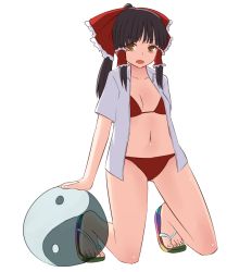 Rule 34 | 1girl, ball, beachball, bikini, black hair, bow, breasts, brown eyes, dress shirt, flip flop (vocaloid), hair bow, hair tubes, hakurei reimu, kneeling, long hair, looking at viewer, miyo (ranthath), navel, open clothes, open mouth, open shirt, ponytail, red bikini, sandals, shirt, simple background, small breasts, solo, swimsuit, touhou, vocaloid, white background, yin yang