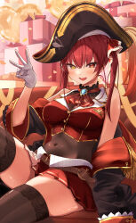Rule 34 | 1girl, absurdres, ascot, bare shoulders, bicorne, black coat, black hat, black thighhighs, blush, breasts, choker, cleavage, coat, covered navel, cropped jacket, frilled choker, frills, gloves, hair ribbon, hat, heterochromia, highres, hololive, houshou marine, houshou marine (1st costume), jacket, lace, lace-trimmed legwear, lace trim, large breasts, leather belt, leotard, leotard under clothes, long hair, looking at viewer, nisi ki no, off shoulder, open mouth, pirate hat, red ascot, red eyes, red hair, red jacket, ribbon, see-through, see-through cleavage, see-through leotard, skirt, sleeveless, sleeveless jacket, smile, solo, thighhighs, twintails, virtual youtuber, white gloves, yellow eyes