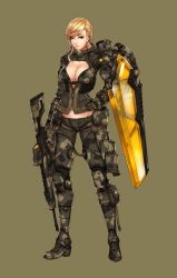 Rule 34 | 1girl, absurdres, assault rifle, blonde hair, blue eyes, boots, breasts, camouflage, camouflage gloves, camouflage pants, cleavage, commentary, cross-laced footwear, english commentary, full body, groin, gun, hand on own hip, high heel boots, high heels, highres, hood, hood down, lace-up boots, large breasts, looking at viewer, original, pants, pouch, rifle, solo, standing, weapon, wei (kaminari0411), zipper