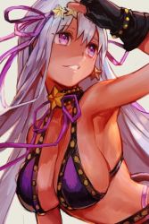Rule 34 | 1girl, arm up, armpits, bare shoulders, bb (fate), bb (fate) (all), bb (swimsuit mooncancer) (fate), bb (swimsuit mooncancer) (second ascension) (fate), bikini, black gloves, breasts, cleavage, collarbone, dark-skinned female, dark skin, fate/grand order, fate (series), fingerless gloves, gloves, hair ribbon, hungry clicker, large breasts, long hair, parted lips, purple bikini, purple eyes, purple hair, purple ribbon, ribbon, simple background, smile, solo, swimsuit, tan, tiara