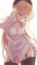 Rule 34 | 1girl, black thighhighs, blonde hair, breasts, collared shirt, contrapposto, cowboy shot, dress shirt, garter straps, hamburger hat, hand on own face, head tilt, highres, jingburger, long hair, long sleeves, looking at viewer, medium breasts, open clothes, open shirt, red eyes, see-through, shirt, simple background, solo, thighhighs, very long hair, virtual youtuber, waktaverse, white background, white shirt, wing collar, yu seol 69