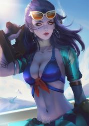 Rule 34 | 2girls, alternate costume, bikini, blue sky, breasts, colored skin, cote d&#039;azur widowmaker, day, eyewear on head, front-tie bikini top, front-tie top, highres, light rays, mercy (overwatch), multiple girls, nail polish, navel, official alternate costume, over shoulder, overwatch, overwatch 1, purple hair, purple skin, raikoart, sky, solo focus, stomach, sun, sunglasses, sunlight, swimsuit, weapon, weapon over shoulder, widowmaker (overwatch), yellow eyes