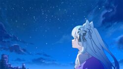 Rule 34 | 1girl, animal ears, bare shoulders, blue eyes, blue hair, bow, cat ears, cat girl, closed mouth, commentary request, flower, flower knot, gradient hair, hair bow, hair flower, hair ornament, happy, highres, indie virtual youtuber, long hair, multicolored hair, night, night sky, outdoors, portrait, shirogane momo, sky, solo, star (symbol), star hair ornament, tokopent, two-tone hair, two side up, virtual youtuber, white hair