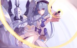 Rule 34 | 1girl, ahoge, armor, armpits, artist name, beret, blue hair, dress, griseo, griseo (starry impression), hair ornament, hat, helmet, highres, holding, holding brush, honkai (series), honkai impact 3rd, izukei, long hair, looking at viewer, palette (object), purple eyes, solo, twintails, white dress