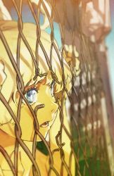 Rule 34 | 1girl, blonde hair, blue eyes, blurry, chain-link fence, close-up, cropped, depth of field, eye focus, eye reflection, fence, moire, open mouth, original, reflection, rocket, short hair, solo, yoneyama mai