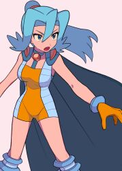 Rule 34 | 1girl, :o, alternate color, aqua hair, bodysuit, boots, breasts, cape, clair (pokemon), commentary request, creatures (company), eyelashes, floating hair, game freak, gloves, hair between eyes, highres, knee boots, long hair, medium breasts, nintendo, open mouth, orange gemstone, orange gloves, pokemon, pokemon masters ex, ponytail, solo, tyako 089, white background