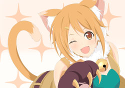 Rule 34 | 1girl, animal ear fluff, animal ears, blush, cat ears, cat girl, cat tail, highres, hiyori (princess connect!), kuroha uma, looking at viewer, one eye closed, open mouth, princess connect!, smile, solo, star (symbol), starry background, tail, yellow eyes