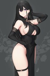 Rule 34 | 1girl, absurdres, bare shoulders, black dress, black gloves, black hair, blush, breasts, classy-black-haired girl (hayabusa), commentary request, dress, earrings, elbow gloves, floral background, gloves, grey background, hand on own head, hand up, hayabusa (vert 320), highres, jewelry, large breasts, long hair, looking at viewer, mole, mole on breast, mole under eye, mole under mouth, original, parted lips, purple eyes, sideboob, signature, solo, standing, thigh strap, thighs