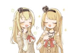 Rule 34 | 2girls, :d, artist request, blonde hair, blush, braid, breasts, closed eyes, corset, cosplay, crown, dress, flower, french braid, hair ornament, hair over shoulder, hairband, hand on own chest, jewelry, kantai collection, laughing, long hair, long sleeves, mini crown, multiple girls, necklace, off-shoulder dress, off shoulder, open mouth, red flower, red ribbon, red rose, ribbon, rose, simple background, smile, sparkle, tears, uchida shuu, upper body, voice actor connection, warspite (kancolle), warspite (kancolle) (cosplay), white background, white dress