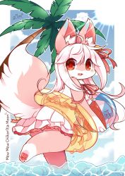 Rule 34 | 1girl, absurdres, animal ear fluff, animal ears, artist name, ball, beachball, body fur, cloud, commentary, digitigrade, english commentary, fang, frilled swimsuit, frills, furry, furry female, highres, holding, holding ball, holding beachball, long hair, mew mew chikorita moon, ocean, open mouth, original, palm tree, pink fur, pink hair, red eyes, signature, sky, solo, sun, swimsuit, tail, tree, two-tone fur, white fur