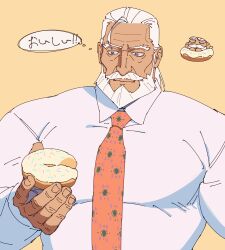 Rule 34 | 1boy, bara, beard, blue eyes, chibi, chibi inset, dark-skinned male, dark skin, doughnut, eating, facial hair, food, highres, holding, holding food, jp (street fighter), large pectorals, long hair, male focus, mature male, muscular, muscular male, mustache, necktie, old, old man, pectorals, ponytail, sa1k0p, shirt, solo, street fighter, street fighter 6, thick eyebrows, thick mustache, thought bubble, translation request, white hair, white shirt