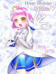 Rule 34 | 1girl, artist name, artist request, bare legs, blue skirt, blunt bangs, blush, bow, breasts, brown eyes, buttons, collared shirt, cropped jacket, dress, dress shirt, female focus, flat chest, gloves, hat, heart, heart (symbol), heart print, highres, jacket, long sleeves, looking at viewer, love live!, love live! nijigasaki high school idol club, love live! school idol festival, mini hat, miniskirt, nijiiro passion!, nijiiro passions! (love live!), parted lips, pink hair, plaid, plaid skirt, pleated, pleated skirt, rainbow-colored passions!, sash, shako cap, shirt, short hair, skirt, sleeve cuffs, small breasts, smile, solo, tennoji rina, vest, white bow, white gloves, white jacket, white shirt, white vest, wing collar, yellow eyes