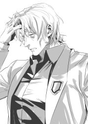 Rule 34 | 1boy, badge, clear cut 7, collared shirt, formal, greyscale, hand up, highres, jacket, lapels, limbus company, male focus, monochrome, open mouth, parted bangs, project moon, shirt, simple background, solo, suit, vergilius (project moon)