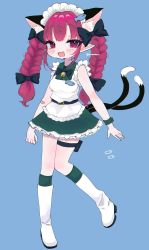 Rule 34 | 1girl, alternate costume, animal ears, apron, bell, black bow, blue background, boots, bow, braid, cat ears, cat tail, dress, enmaided, extra ears, green dress, hair bow, highres, kaenbyou rin, long hair, maid, maid apron, maid headdress, multiple tails, open mouth, red eyes, red hair, renakobonb, solo, tail, touhou, twin braids, two tails, white apron, white footwear