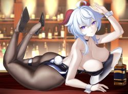 Rule 34 | 1girl, absurdres, ahoge, areola slip, arm up, ass, bar (place), bare shoulders, black choker, black footwear, black leotard, blue hair, blurry, blurry background, blush, bottle, breasts, brown pantyhose, choker, feet up, from side, ganyu (genshin impact), genshin impact, hair between eyes, high heels, highres, horns, indoors, large breasts, leotard, long hair, looking at viewer, looking to the side, lying, on stomach, pantyhose, parted lips, playboy bunny, purple eyes, revision, solo, strapless, strapless leotard, terebi (shimizu1996), thigh strap, tray, wrist cuffs