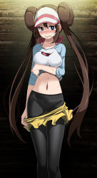Rule 34 | 1girl, angry, black pantyhose, blouse, blue eyes, blue sleeves, blush, bow, breasts, brown hair, clenched teeth, clothes lift, clothes pull, collarbone, creatures (company), double bun, embarrassed, frown, game freak, hair between eyes, hair bun, hat, highres, humiliation, indoors, lifting own clothes, long hair, long sleeves, looking at viewer, medium breasts, midriff, navel, nintendo, panties, panties under pantyhose, pantyhose, pokemon, pokemon bw2, presenting, print shirt, pulling own clothes, red bow, rosa (pokemon), scowl, see-through, see-through legwear, shirt, shirt lift, short shorts, shorts, shorts pull, skirt, skirt pull, solo, standing, stomach, sweat, sweatdrop, teeth, thigh gap, tsukishiro saika, twintails, underwear, very long hair, visor cap, white hat, white shirt, wooden wall, yellow shorts