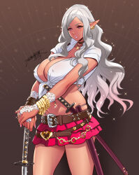 Rule 34 | 1girl, bracelet, breasts, bridal gauntlets, brown background, brown choker, choker, cleavage, collarbone, collared shirt, covered erect nipples, dark-skinned female, dark skin, elf, glint, gyaru, hair behind ear, hand on hilt, jewelry, katana, large breasts, long pointy ears, looking at viewer, miniskirt, necklace, original, pointy ears, purple eyes, red skirt, sheath, sheathed, shirt, skirt, solo, sword, tatsunami youtoku, tied shirt, v-shaped eyebrows, weapon, white shirt