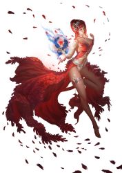 Rule 34 | 1girl, absurdres, bare legs, bare shoulders, barefoot, breasts, cleavage, dress, feet, female focus, flower, full body, hair ornament, highres, jewelry, large breasts, league of angels, legs, lips, long hair, magic, navel, pendant, petals, realistic, red dress, red eyes, red hair, rike lee, rose, rose petals, smile, solo, transparent background