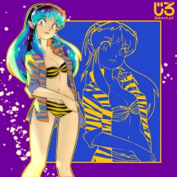 1girl animal_print aqua_hair artist_name backlighting bare_legs bikini breasts cleavage collarbone cone_horns cowboy_shot dated fur_bikini highres horns jirohhb looking_at_viewer lum multicolored_hair oni orange_eyes orange_outline outline parted_lips print_bikini print_shirt purple_background shirt short_sleeves sidelocks solo swimsuit tiger_stripes urusei_yatsura zoom_layer