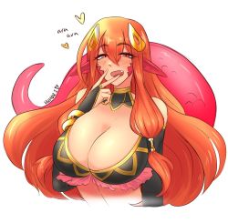 Rule 34 | 1girl, ara ara, blush, breasts, bridal gauntlets, choker, cleavage, elbow gloves, fang, gloves, hair between eyes, hair ornament, hair tubes, hairclip, half-closed eyes, heart, hhhori, highres, lamia, large breasts, long hair, looking at viewer, mature female, miia&#039;s mother, monster girl, monster musume no iru nichijou, open mouth, pointy ears, red hair, scales, sidelocks, simple background, solo, upper body, white background