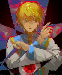 Rule 34 | 1boy, abstract, androgynous, blonde hair, blue tabard, chain, clenched hand, eyeball, fighting stance, hands up, highres, hun bbokbbok, hunter x hunter, kurapika, long sleeves, male focus, open mouth, sideways glance, solo, tabard, upper body