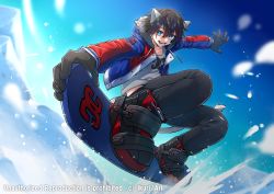 Rule 34 | 1boy, black hair, blue eyes, commentary request, day, gloves, ikurikaito, jacket, male focus, open mouth, original, pants, short hair, sky, snow, snowboard, snowboarding, solo, winter clothes