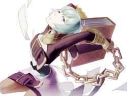 Rule 34 | 1girl, adenine (xenoblade), belt, belt skirt, book, chain, flat chest, flying paper, gauntlets, gloves, green eyes, green hair, highres, long sleeves, looking at viewer, nintendo, open mouth, paper, short hair, simple background, solo, white background, xenoblade chronicles (series), xenoblade chronicles 2, xenoblade chronicles (series), xenoblade chronicles 2, yamayamag1
