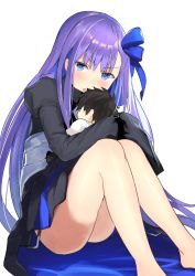 Rule 34 | &gt;:o, 10s, 1girl, :o, bad id, bad pixiv id, bare legs, barefoot, black coat, blue eyes, blue ribbon, blush, character doll, coat, fate/extra, fate/extra ccc, fate/grand order, fate (series), fujimaru ritsuka (male), grey background, hair ribbon, highres, juliet sleeves, knees together feet apart, long hair, long sleeves, looking at viewer, meltryllis (fate), nanotaro, hugging object, open mouth, puffy sleeves, purple hair, ribbon, simple background, sitting, solo, thighs, v-shaped eyebrows