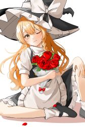 Rule 34 | 1girl, absurdres, apron, black footwear, black hat, black skirt, blonde hair, blush, bow, braid, closed mouth, commentary, english commentary, flower, frilled apron, frilled hat, frilled skirt, frills, hat, hat bow, highres, kirisame marisa, knee up, long hair, looking at viewer, mary janes, one eye closed, puffy sleeves, red flower, red rose, reitaisai, rose, shirt, shoes, side braid, simple background, single braid, sitting, skirt, smile, socks, solo, temmie (temi maru), touhou, turtleneck, very long hair, waist apron, white apron, white background, white bow, white shirt, white socks, witch hat, yellow eyes