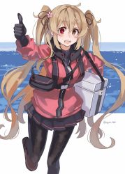 Rule 34 | 1girl, bag, black pantyhose, black skirt, blush, brown eyes, commentary, hair between eyes, hair ribbon, heterochromia, highres, holding, jacket, kantai collection, long hair, long sleeves, looking at viewer, murasame (kancolle), murasame kai ni (kancolle), official alternate costume, open mouth, pantyhose, pleated skirt, red eyes, ribbon, skirt, solo, sugue tettou, thumbs up, twitter username, two side up, very long hair, water