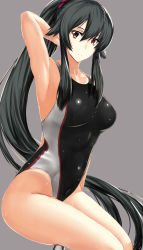 Rule 34 | 10s, 1girl, absurdres, arm up, armpits, black hair, breasts, competition swimsuit, cowboy shot, grey background, highres, kantai collection, long hair, looking at viewer, one-piece swimsuit, ponytail, red eyes, simple background, sitting, solo, sweat, swimsuit, takamura wamu, thighs, very long hair, yahagi (kancolle)