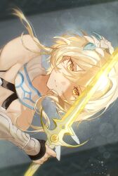 Rule 34 | 1girl, bare shoulders, black gloves, blonde hair, closed mouth, commentary, flower, genshin impact, gloves, hair between eyes, hair flower, hair ornament, highres, holding, holding sword, holding weapon, looking at viewer, lumine (genshin impact), partially fingerless gloves, scarf, serious, short hair with long locks, sideways, simple background, sushi gnsn, sword, upper body, weapon, white flower, white scarf, yellow eyes