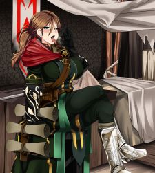 Rule 34 | armored boots, belt, blue eyes, blush, boots, breasts, breath, brown hair, capelet, fellatio gesture, female focus, flag, full body, gauntlets, grim dawn, hairband, highres, huge breasts, insignia, korinia, large breasts, legs, crossed legs, looking at viewer, naughty face, nightmare-doom, open mouth, oral invitation, ponytail, pouch, pov, scroll, shoulder pads, sitting, thighs, tongue, tongue out, uniform