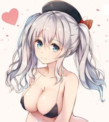 Rule 34 | 10s, 1girl, bare arms, bare shoulders, beret, bikini, black bikini, blue eyes, breasts, cleavage, collarbone, female focus, hair between eyes, hat, heart, kantai collection, kashima (kancolle), large breasts, long hair, looking at viewer, neck, revision, rurikoma, sidelocks, silver hair, smile, solo, swimsuit, tsurime, twintails, upper body, wavy hair
