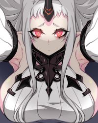 Rule 34 | 1girl, abyssal ship, breasts, closed mouth, detached sleeves, dress, heart, heart in eye, horns, huge breasts, kantai collection, kuro mushi, long hair, looking at viewer, pale skin, red eyes, ribbed dress, ribbed sweater, seaport princess, sideboob, single horn, solo, sweater, sweater dress, symbol in eye, very long hair, white hair